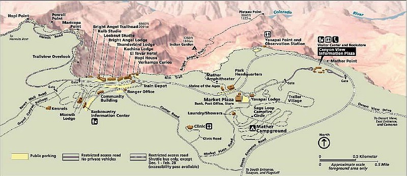 o) The South Rim - Grand Canyon Village (West) and The Less Crowded Yavapai Lodge (Market Plaza) on the East.jpg