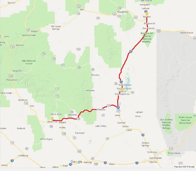 g) Our Journey For Today (160 Miles) - From Silver City To Socorro (With Stops In Truth or Consequences + Elephant Butte)