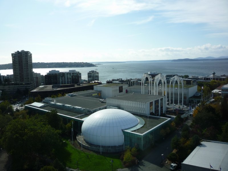 zl) View (S.W.) From Elevator-SpaceNeedle (Overlooking Pacific Science Center+Elliott Bay).JPG