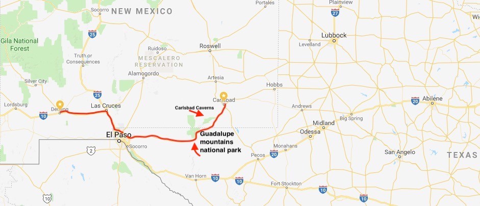 f) Our Trip For Today! From Deming to Carlsbad Via Texas, Guadalupe Mountains (263 Miles)